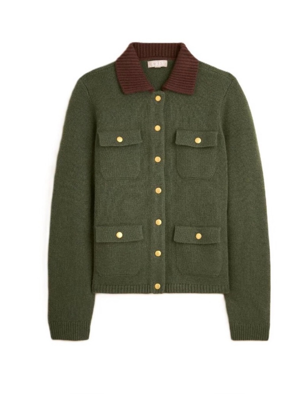 J. Crew Green Wool Barn Sweater w/ Brown Collar and Gold Snaps - S - NWOT